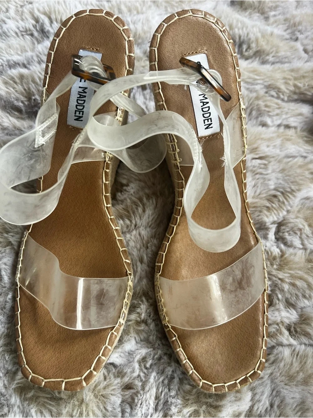 Steve Madden Clear Espadrille NEW wedge sandals with tortoise buckle. SZ 10
